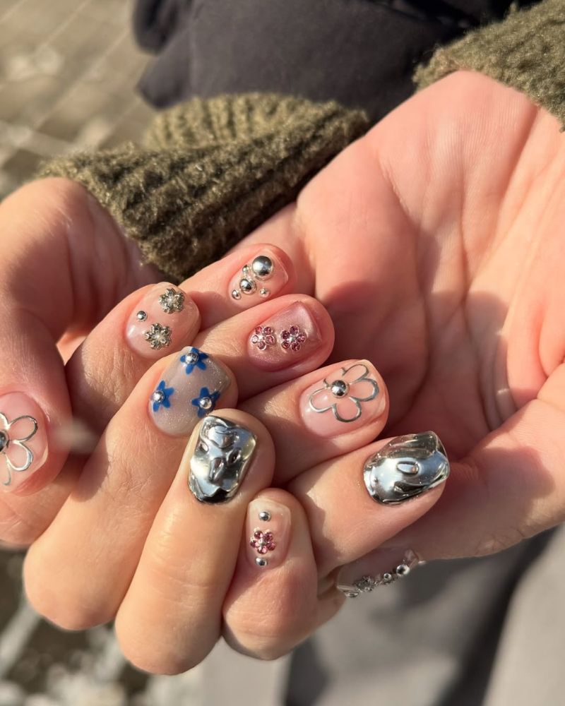 short silver nails with spring nail art designs