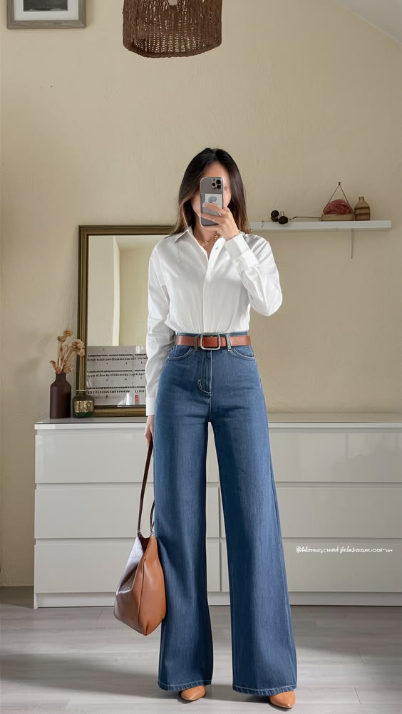 2. Effortlessly Chic: Wide-Leg Denim with Classic White Elegance