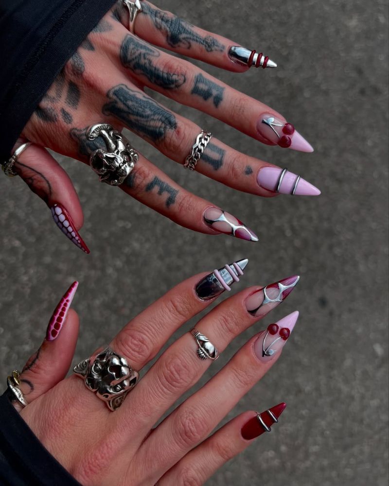 long stiletto nails for summer with metallic, burgundy and pink