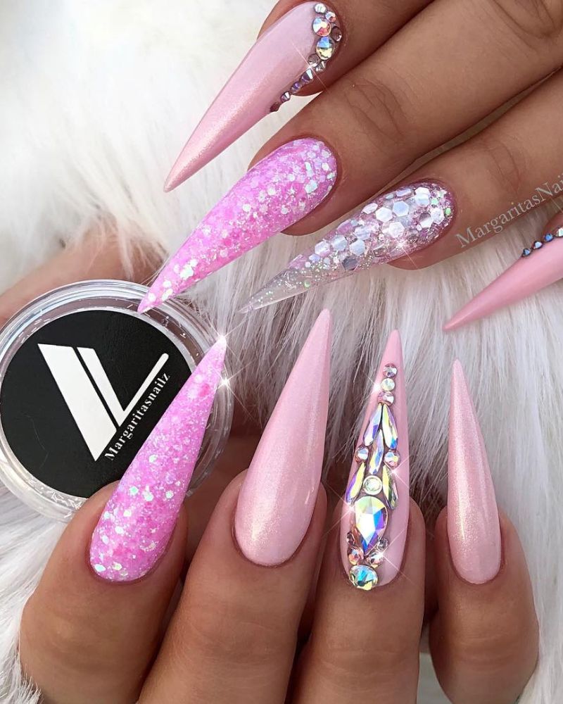 long shiny pink nails