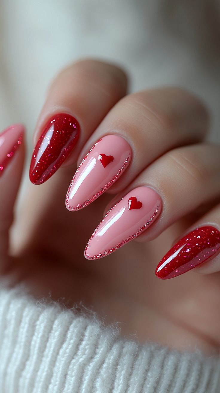 19. Classic French Tips Meet Sparkling Red Elegance for Valentine's Day