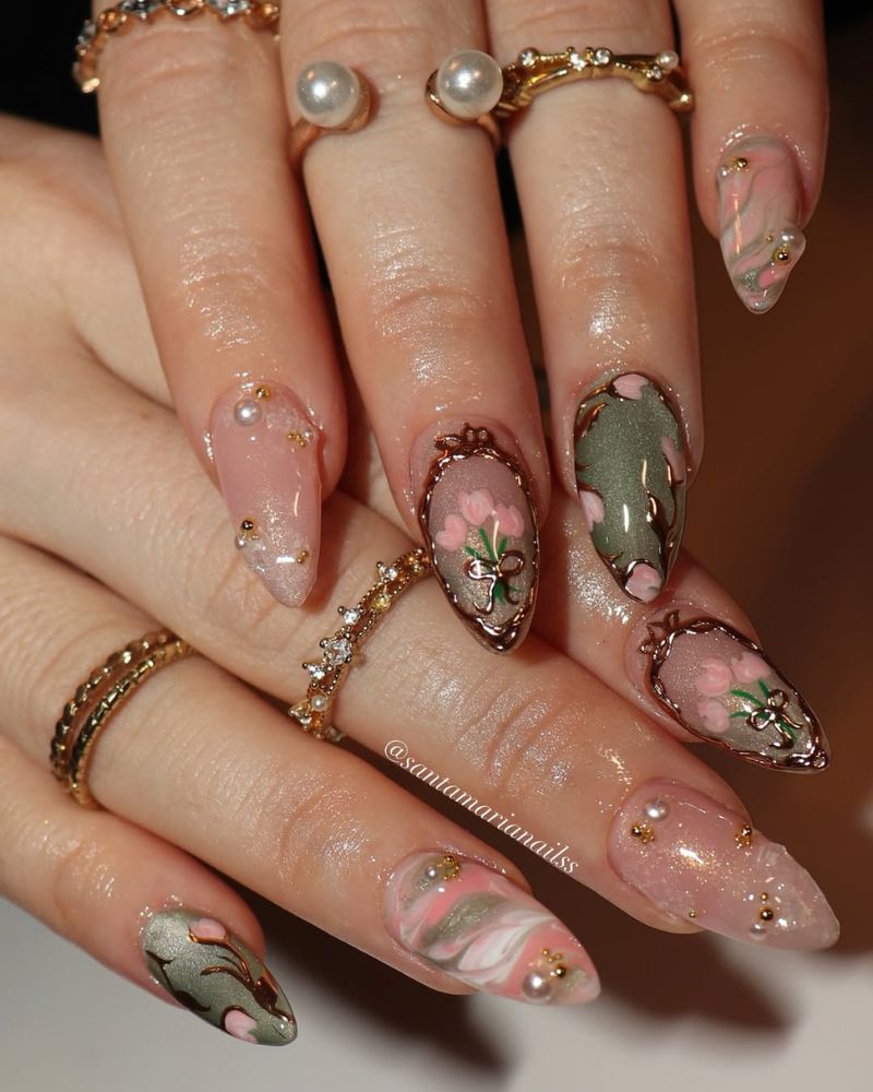 pink and green cat eye nails with tulip nail art and gold accents for springtime nails