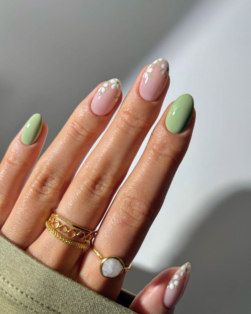 sage green nails, floral french nails