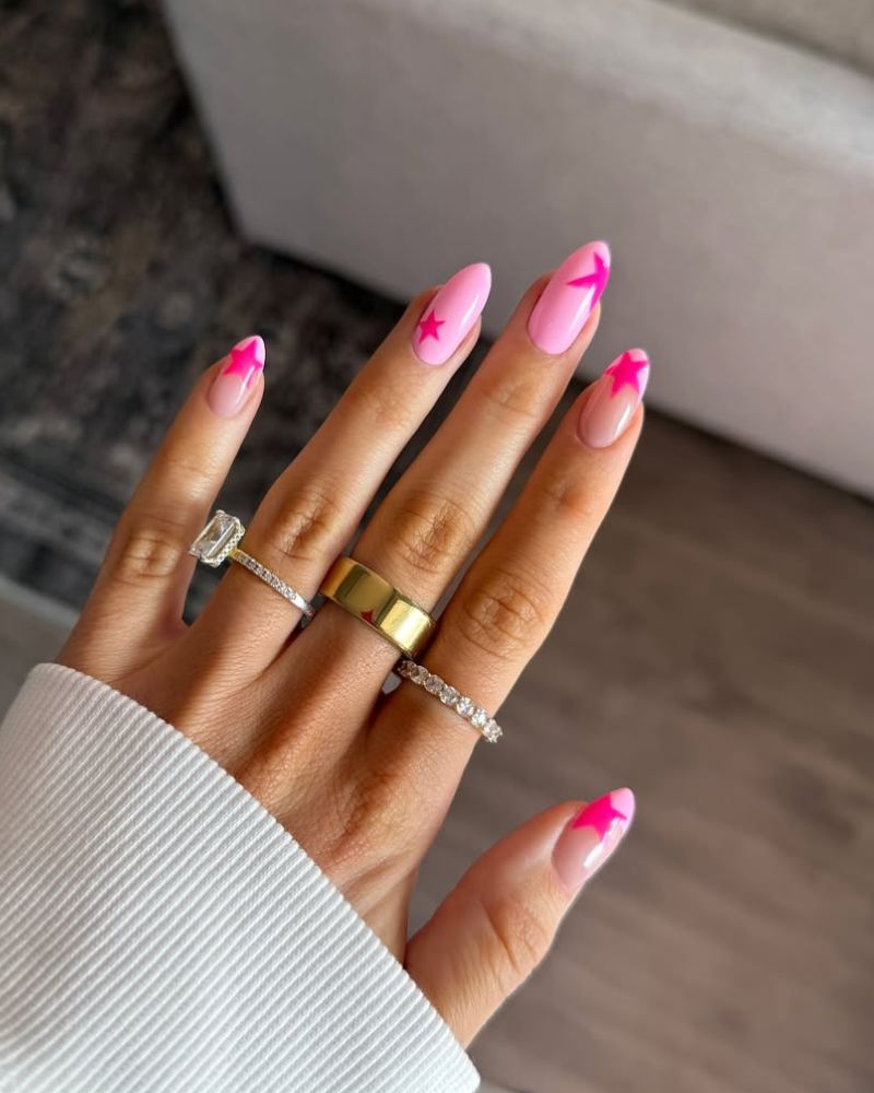 pink summer nails with star nail art