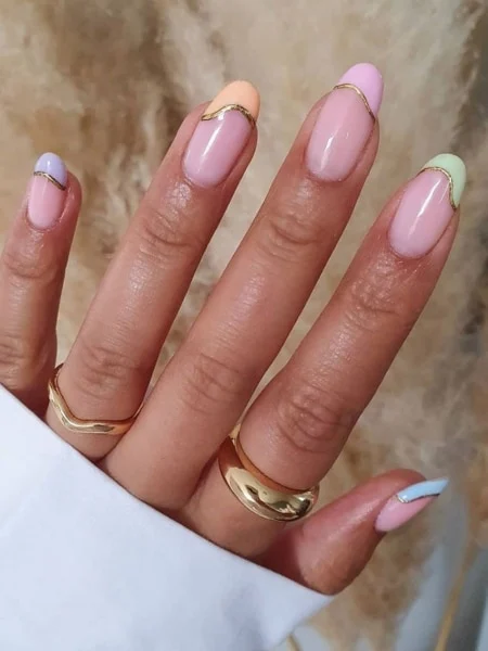 Pastel French Tip Nails with Gold Details