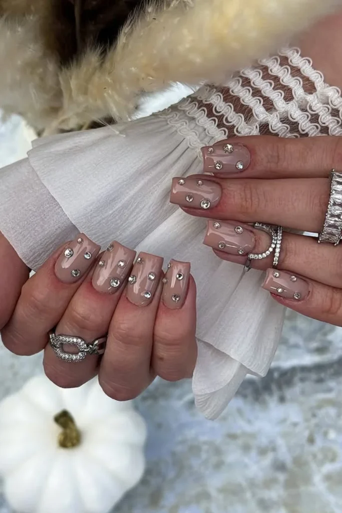 Elegant Nude Square Nails with Rhinestones