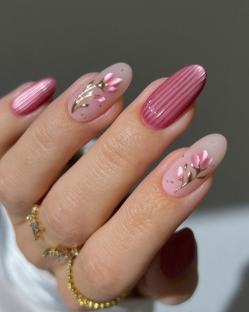glass manicure with pink spring color