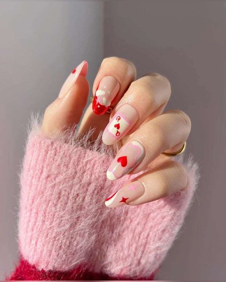 Playful Valentine's Nails with Hearts and Whimsical Details