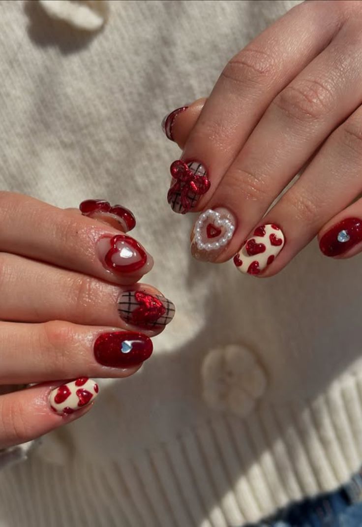 3. Dazzling Heart-Themed Red Valentines Nails for a Romantic Touch