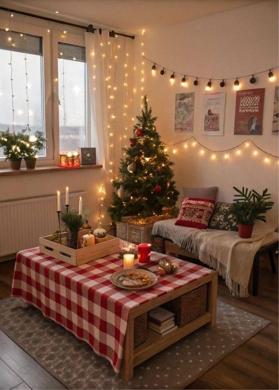 Minimalist and cozy Christmas decor with pinecones, greenery, and string lights