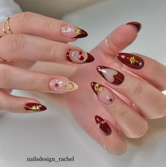 11. Red and Gold Elegance: A Heartfelt Valentine’s Nail Design