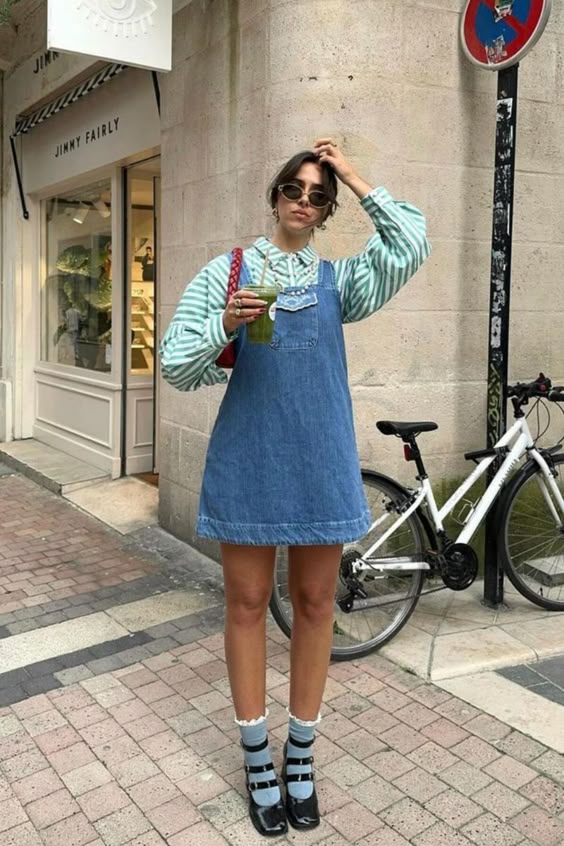 1. Effortless Chic: Denim Pinafore Dress Meets Spring Stripes