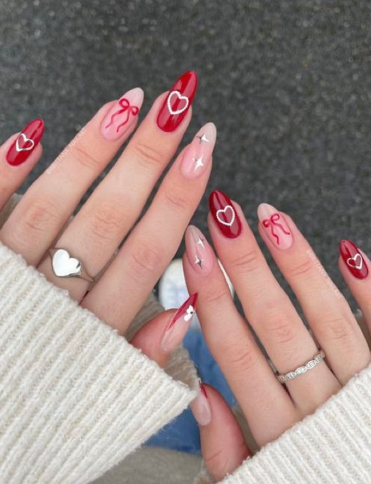 21. Romantic Red and Soft Pink Valentine Nail Art