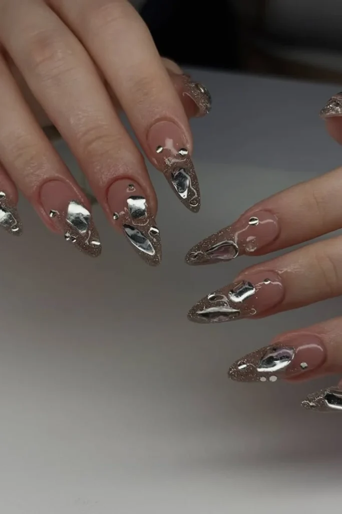 Nude Almond Nails with Rhinestones