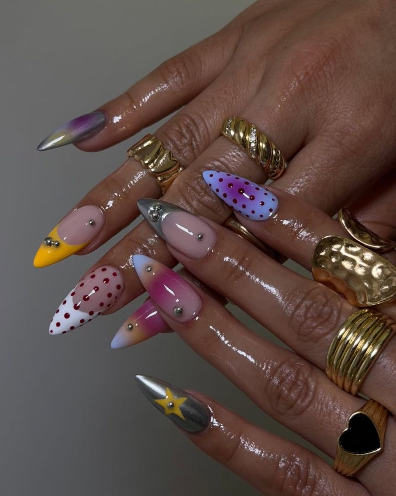 retro summertime nail designs with polka dots, aura and silver