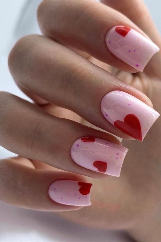 Valentine's Romance with Red Hearts on Pale Pink
