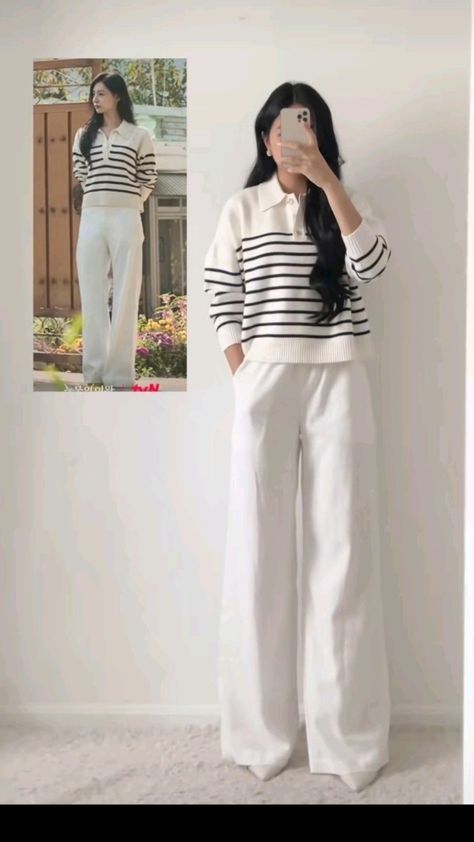 24. Effortless Elegance in Stripes and White Silhouettes