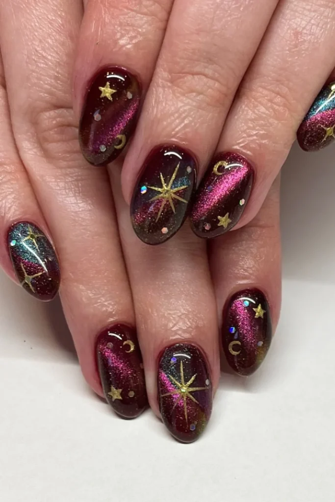 Cosmic Burgundy Glow Nails