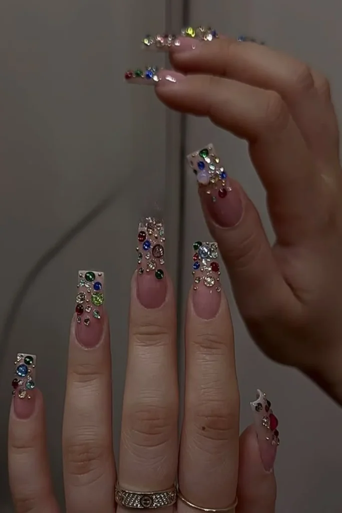 Nude Square Nails with Colorful Rhinestones