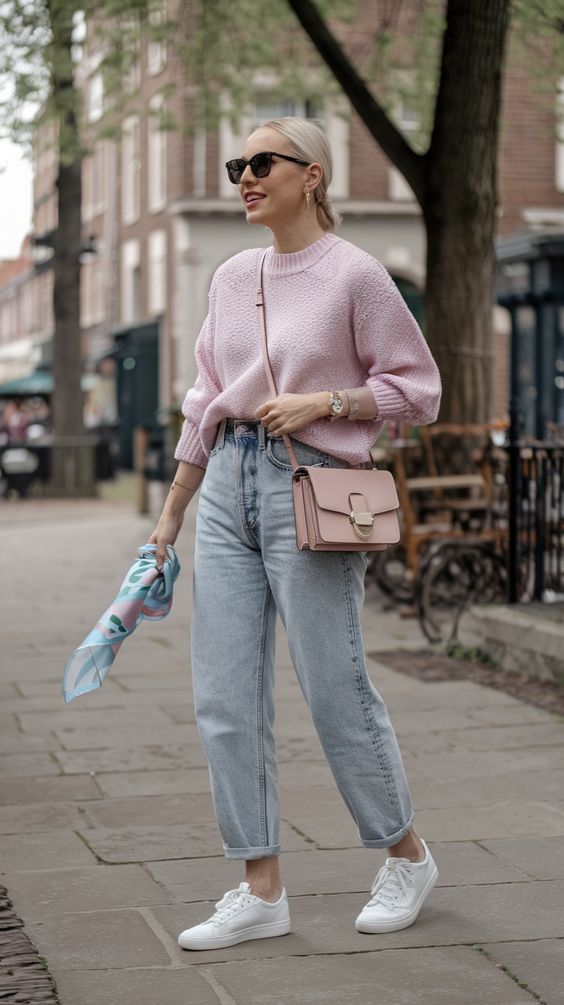27. Effortless Elegance in a Soft Pink Knit