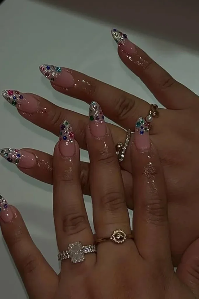 Pink Almond Nails with Rhinestones