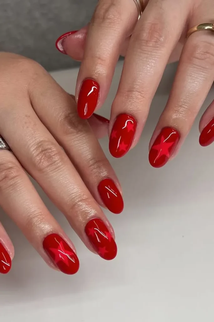 Glossy Red Star Nails
