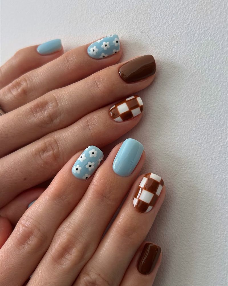 blue and brown nail ideas for spring on short shape
