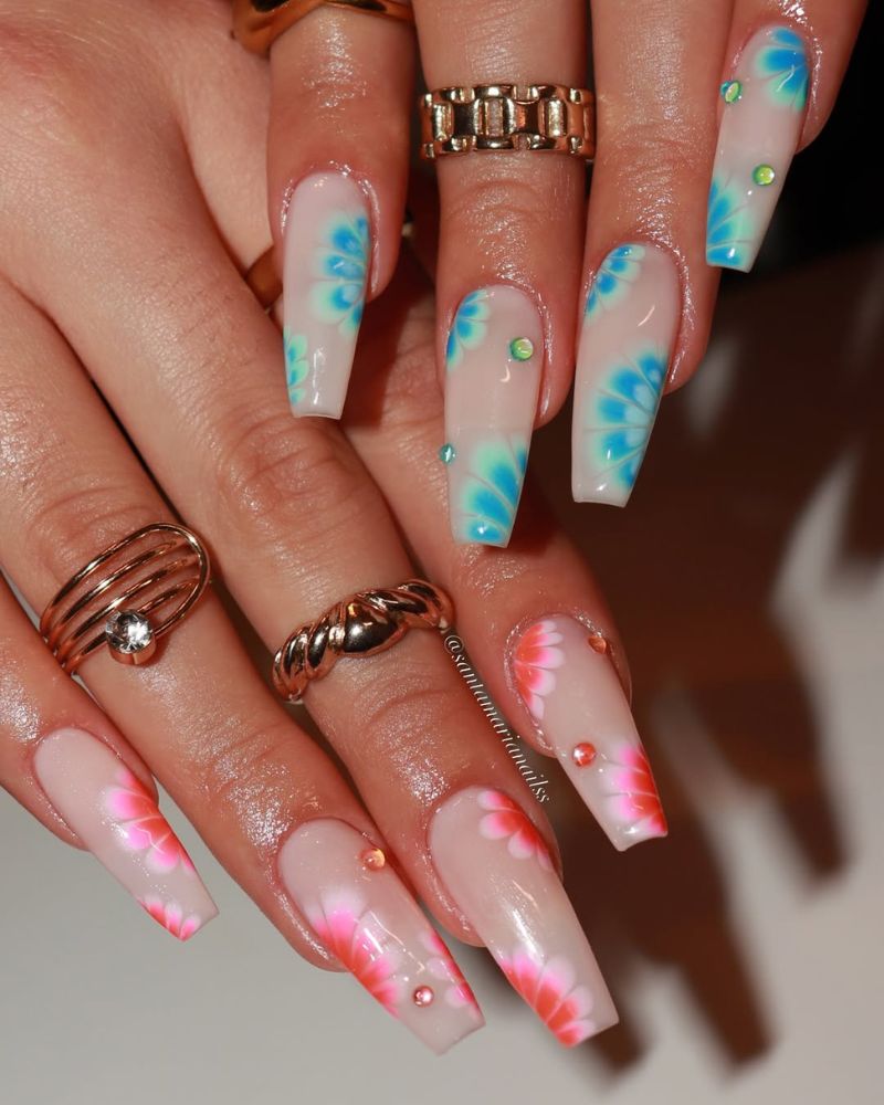 coffin summer nails with floral nail art