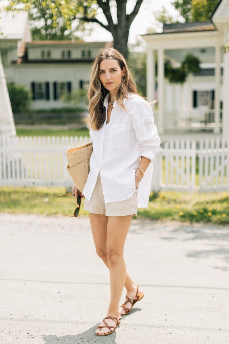 10. Effortless Elegance in a White Button-Down and Neutral Shorts