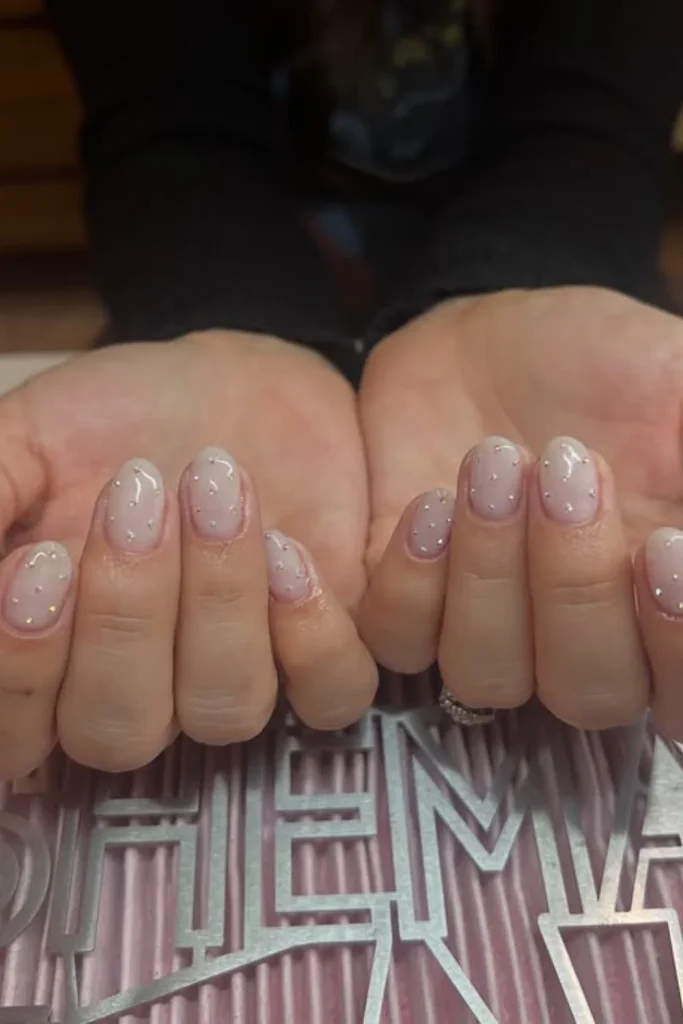 Short Milky Nude Nails with Rhinestones