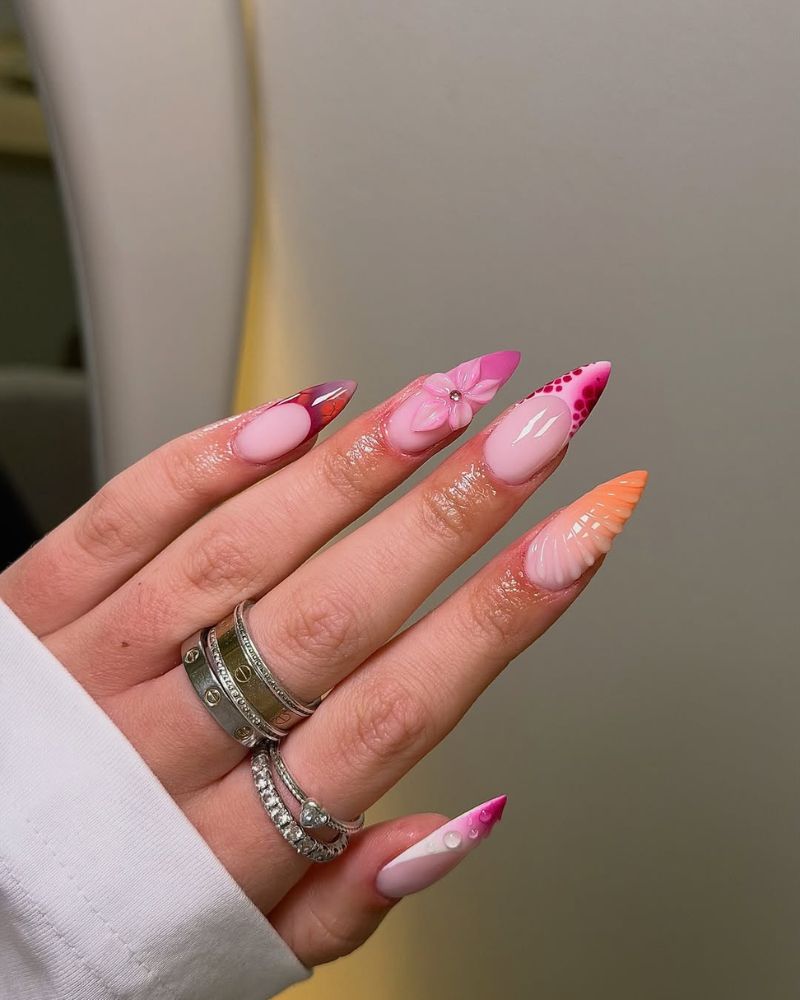 classy long stiletto tips with pink french tips and summer nail art