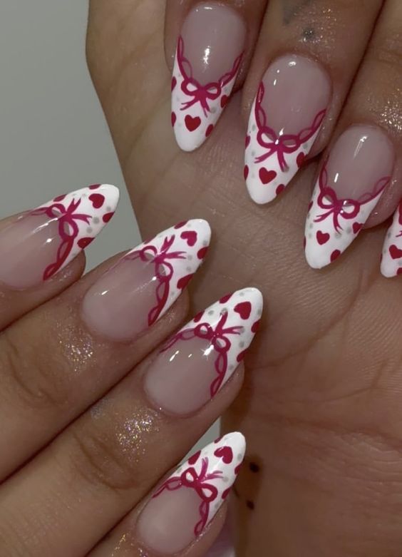 Romantic Ribbon and Heart Valentine's Nail Art