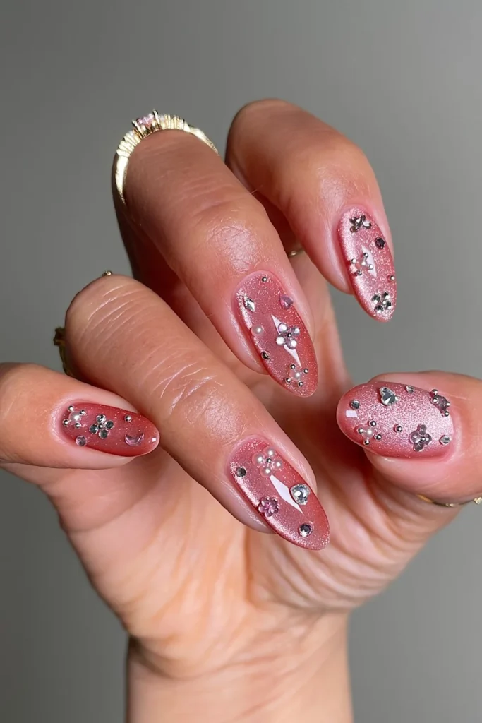 Rose Shimmer Nails with Rhinestones