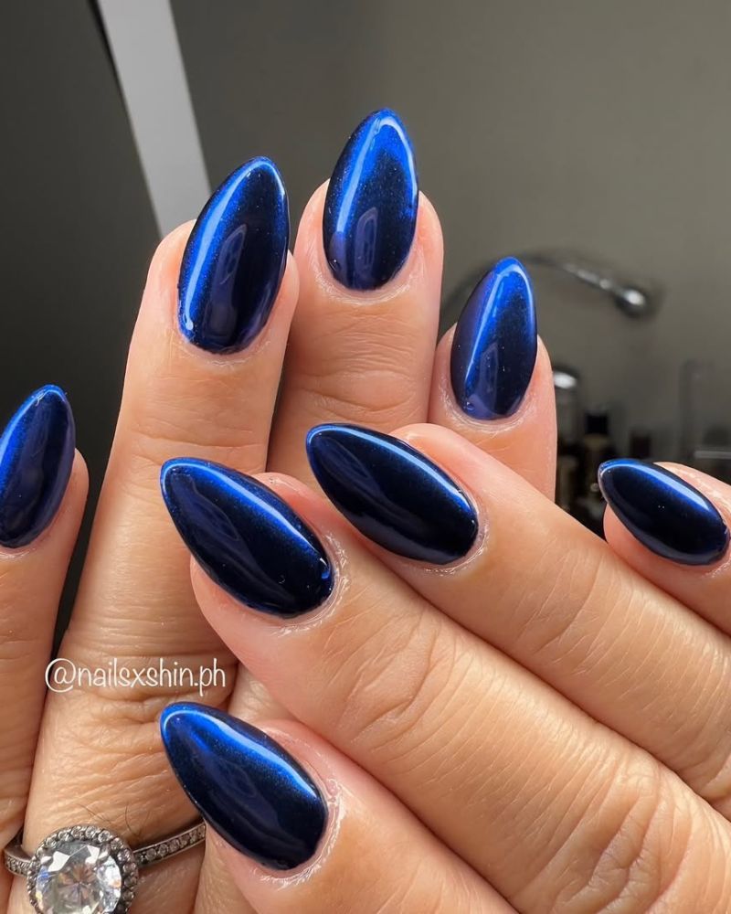 metallic blue nails, navy blue nails