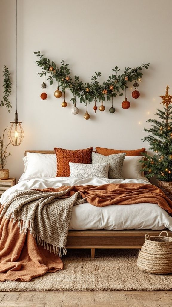 A rustic bohemian Christmas bedroom with natural textures and earthy accents