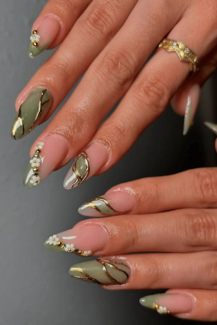 The Elegance of Sage and Gold: A Prom-Perfect Nail Art