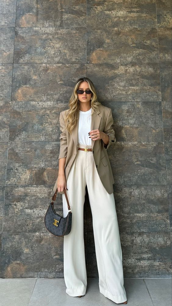 13. Effortless Elegance with a Beige Blazer and Flowing Trousers