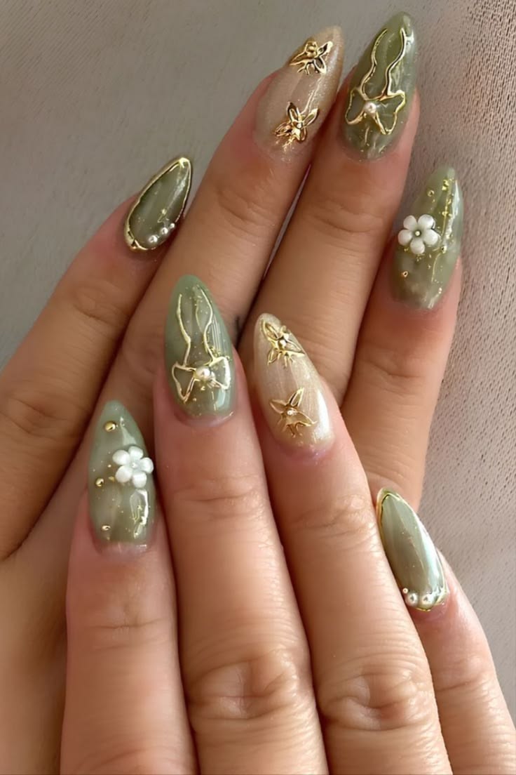 Where Nature Meets Elegance: Sage Green Nails with Golden Butterflies