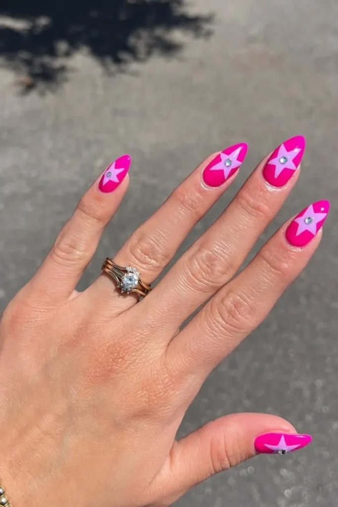 Hot Pink Almond Nails with Rhinestones