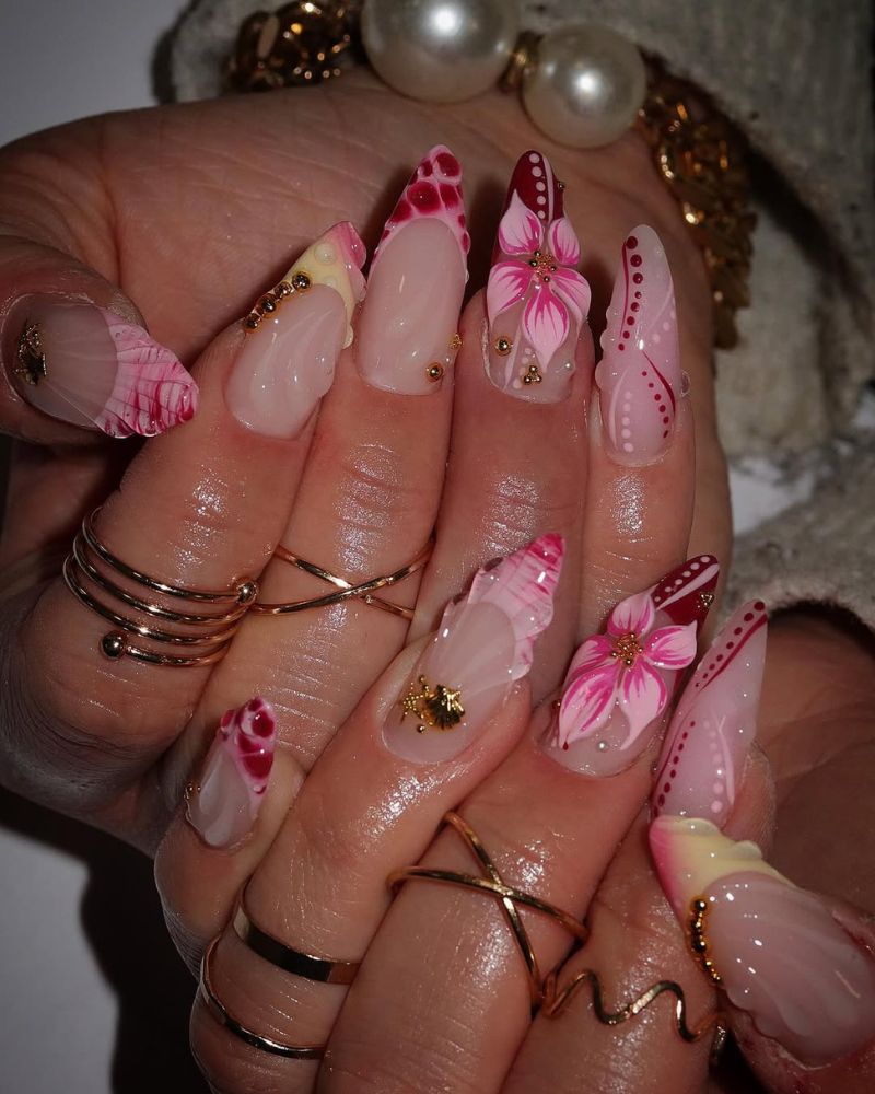 summertime nail art design with pink shades and yellow