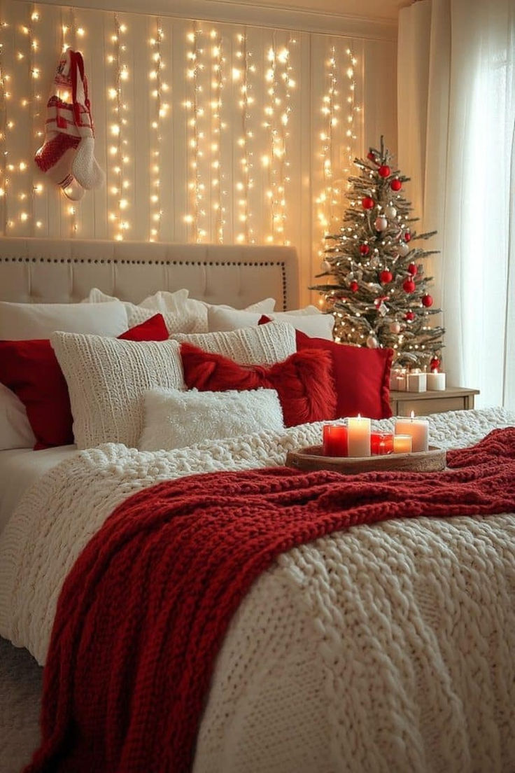 A red and white Christmas-themed bedroom with plaid bedding and holiday accents