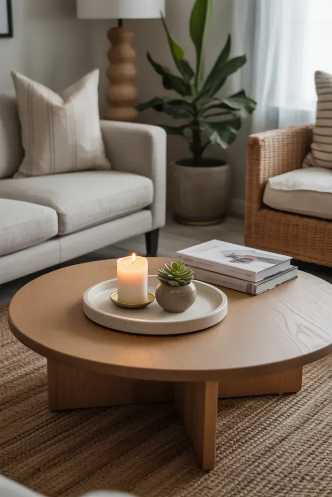 A Low-Profile Wooden Coffee Table with Decor
