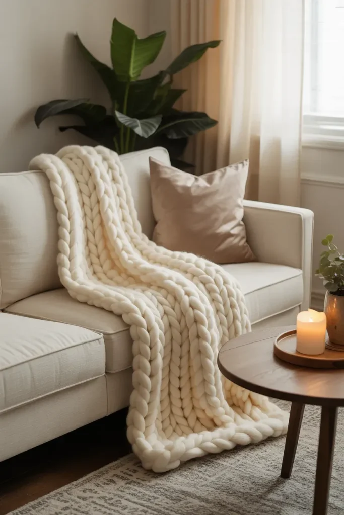 Chunky Knit Throw Blankets on a Neutral Sofa