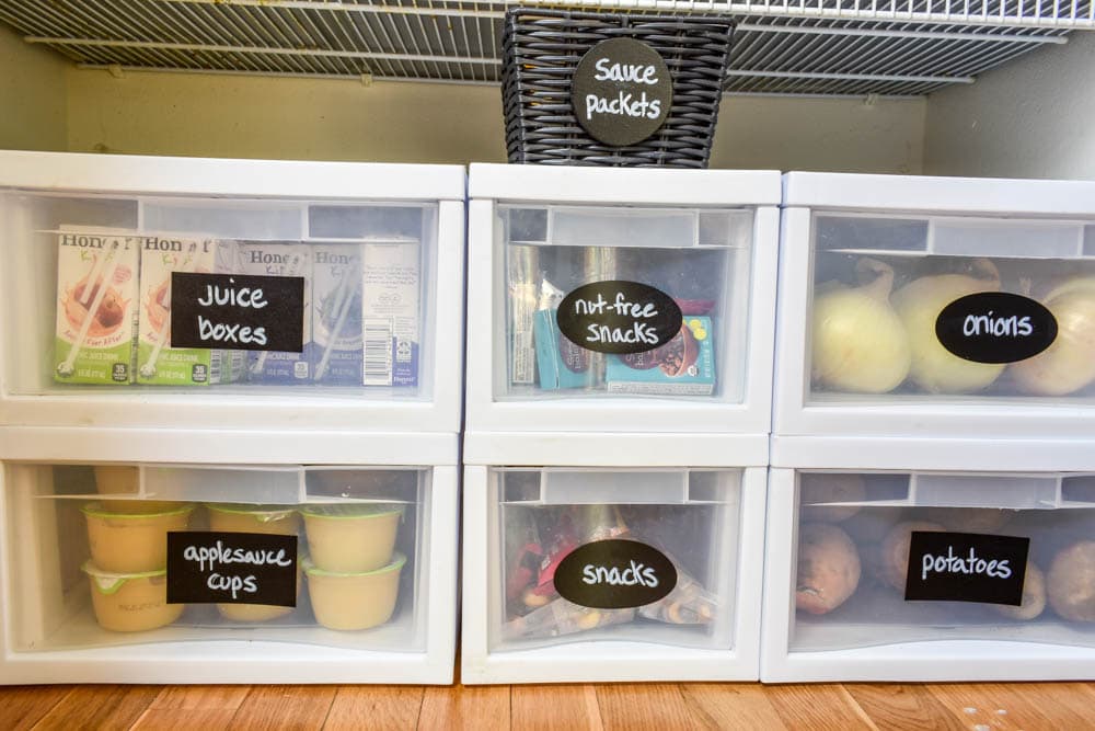 This small organized pantry closet on a budget with shelves and baskets is full of cheap and easy ideas to keep all your food visible and easy to access!