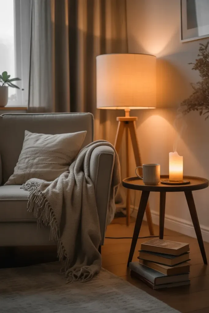 Hygge-Inspired Nook with Candles, Books, and Blankets