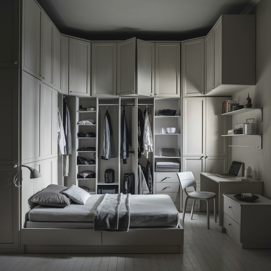 Beige and white bedroom with textured linens and wicker baskets