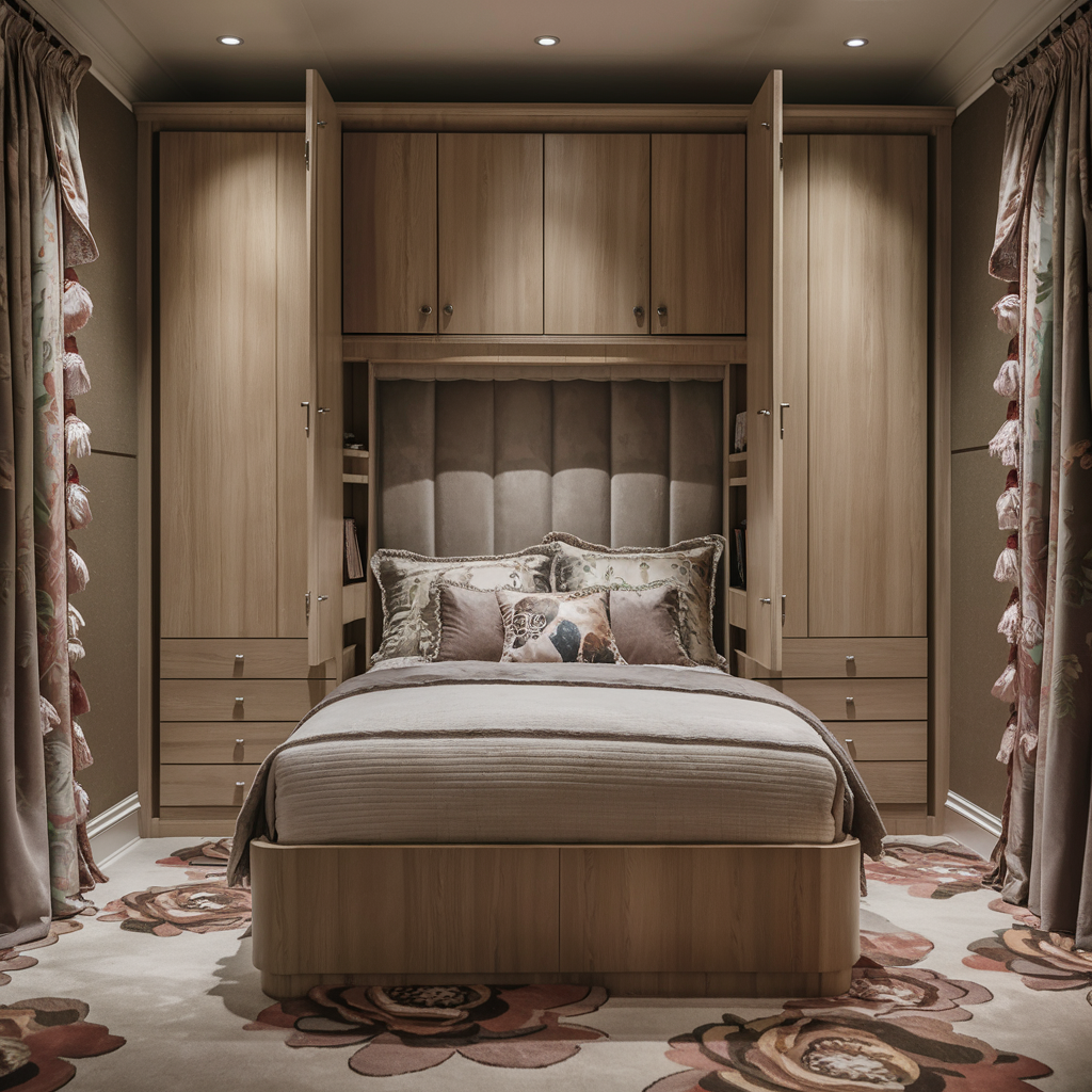 Bed with built-in storage and a foldable desk
