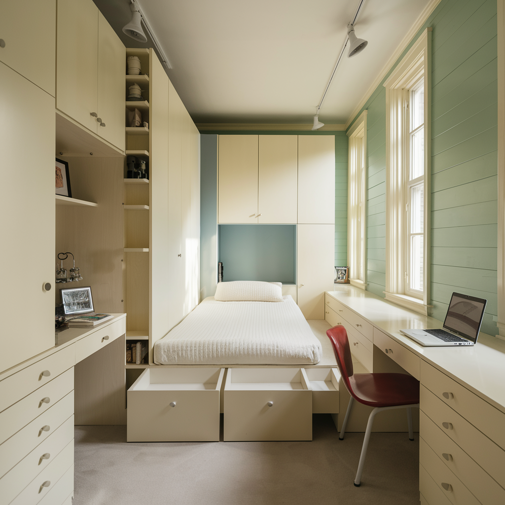 Minimalist bedroom with white furniture and hidden storage