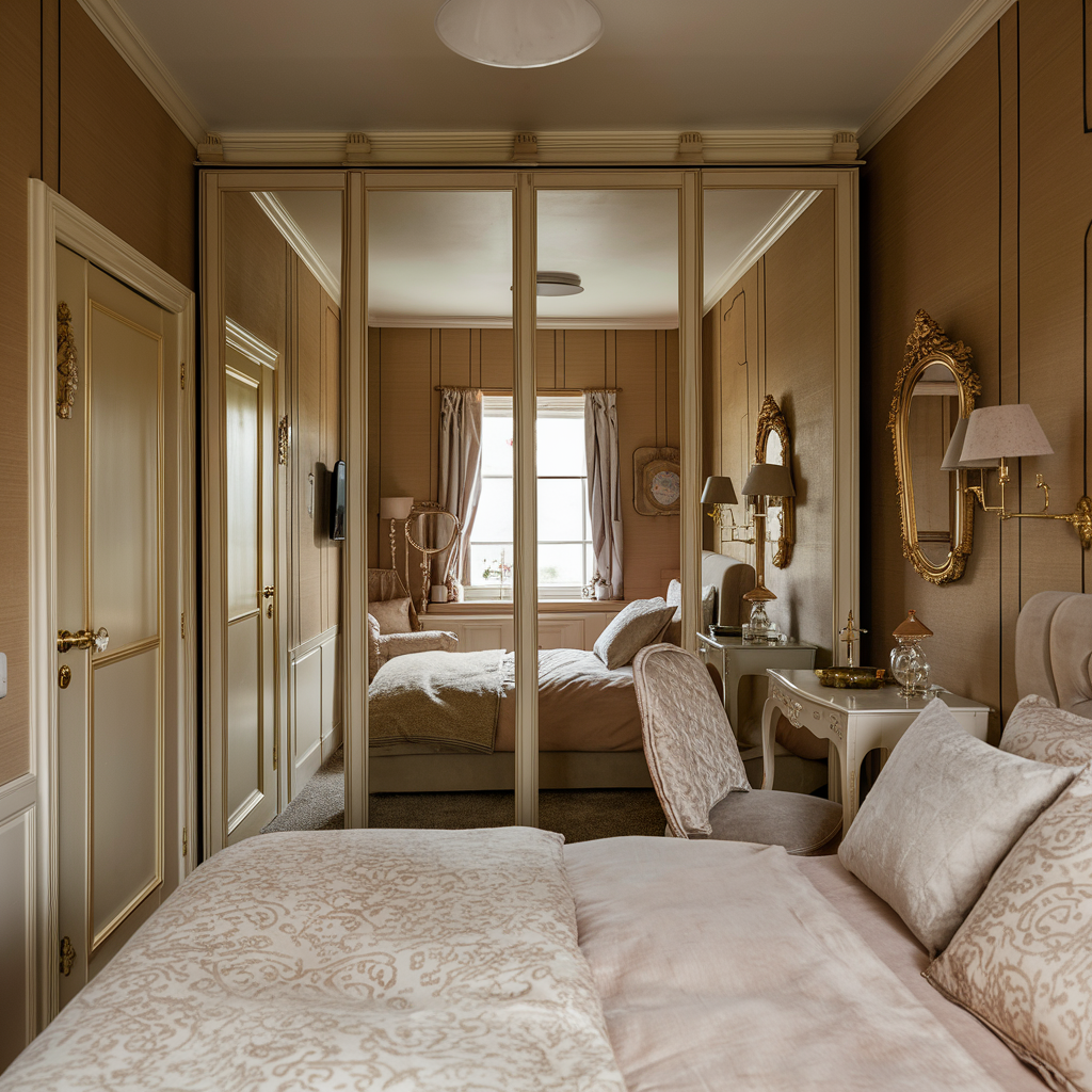 Large floor-to-ceiling mirror reflecting light in a small bedroom