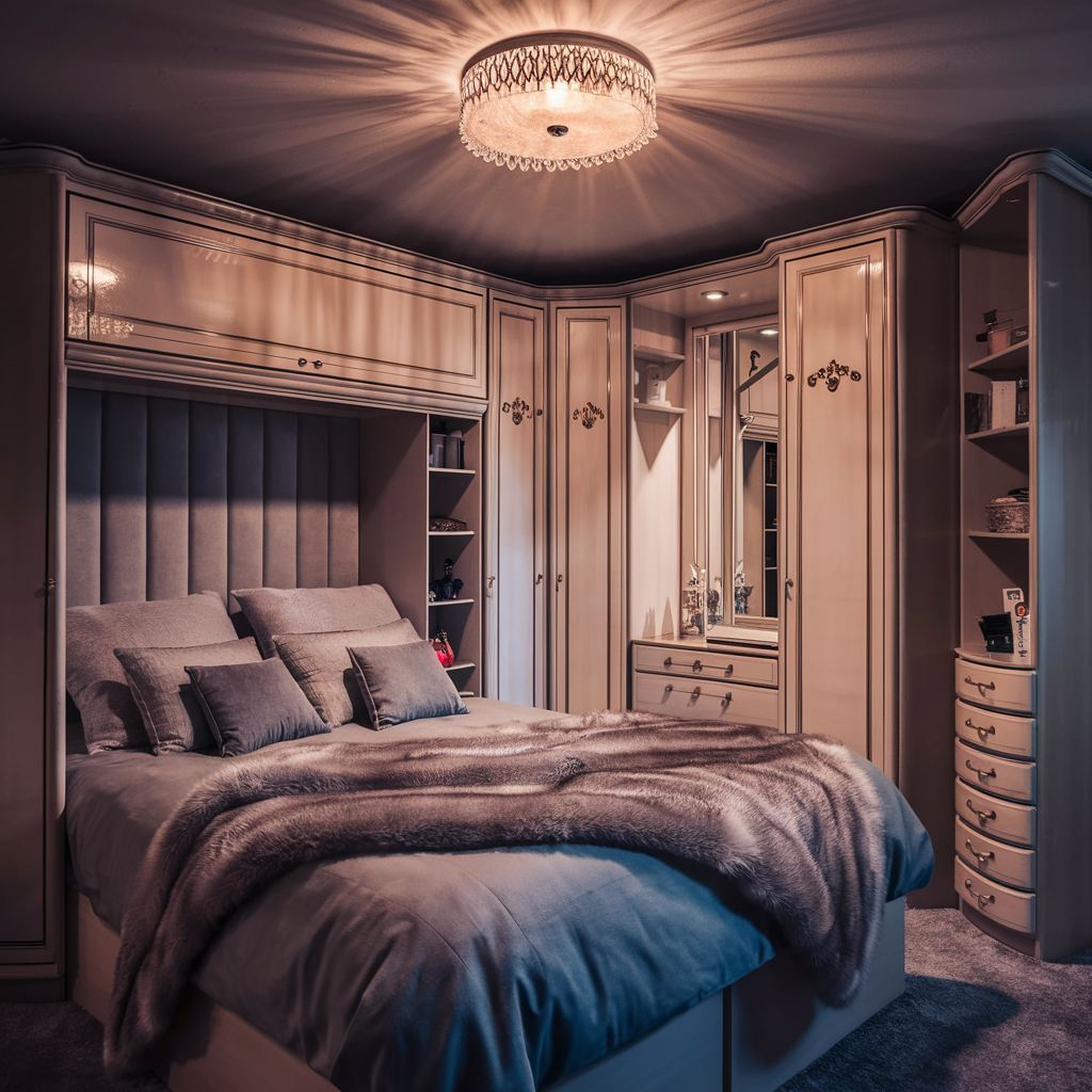 Elegant small bedroom with tufted headboard and chandelier